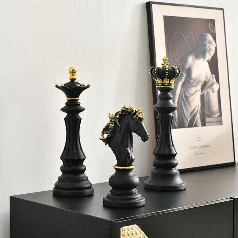 2026 Trending Chess Decor Set, Black Gold Resin King Queen Knight Statue, Modern Luxury Ornament for Home Office