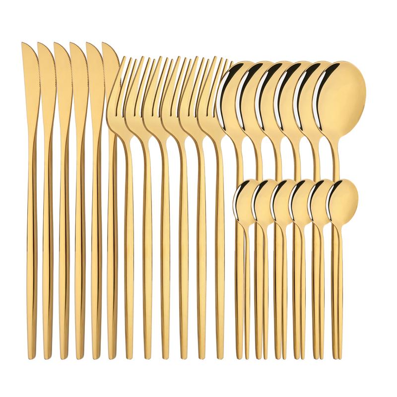 6People Luxury Gold Dinnerware Set Stainless Steel Tableware Set Knife Fork Spoon Flatware Cutlery Set Silverware Bright Light