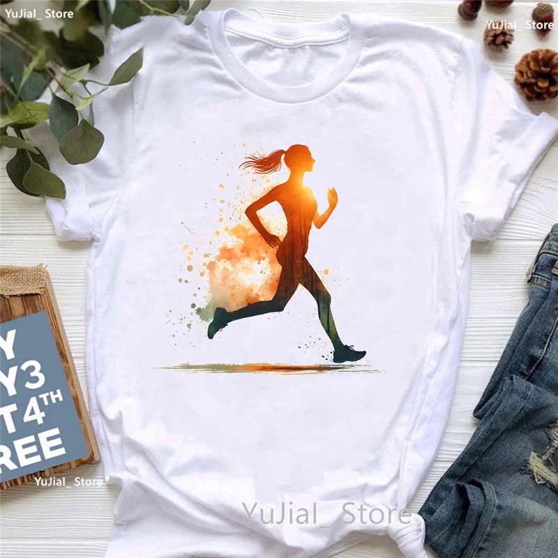 Colorful Running Girl Printed T Shirt Unisex Clothes 2024 Summer Fashion Tops Tee Shirt Femme Love Sports Tshirt Female