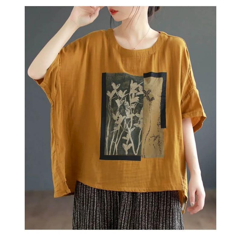 Linen T Shirt Women Art Vintage Print Loose Fashion Casual Short Sleeve Oversized Blouse Summer Trend Thin