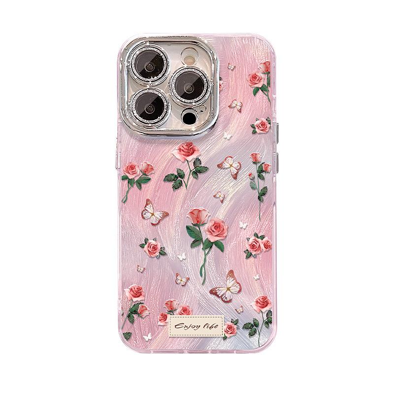 Rose Butterfly Bracelet for IPhone16promax Apple 15 Feather Yarn Mobile Phone Case 14 Lens Film 13 Full Package
