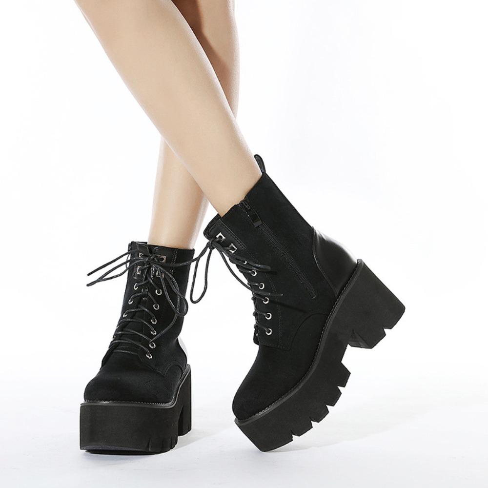 European Women Lace Up Martin Boots Suede Plain Ankle Boots British Korean Style Thick Platform Side Zipper Boots