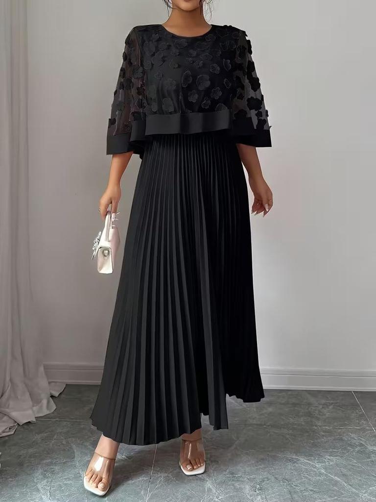 Women's Elegant 3D Floral Mesh Patchwork A-Line Dress with Pleated Skirt