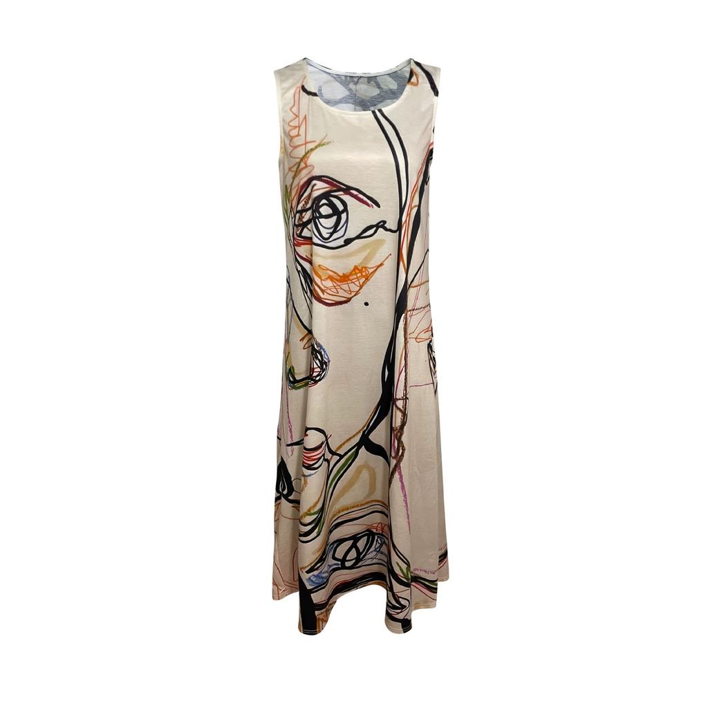 Art abstract face line printing sleeveless crew neck long dress loose meat cover holiday vest dress