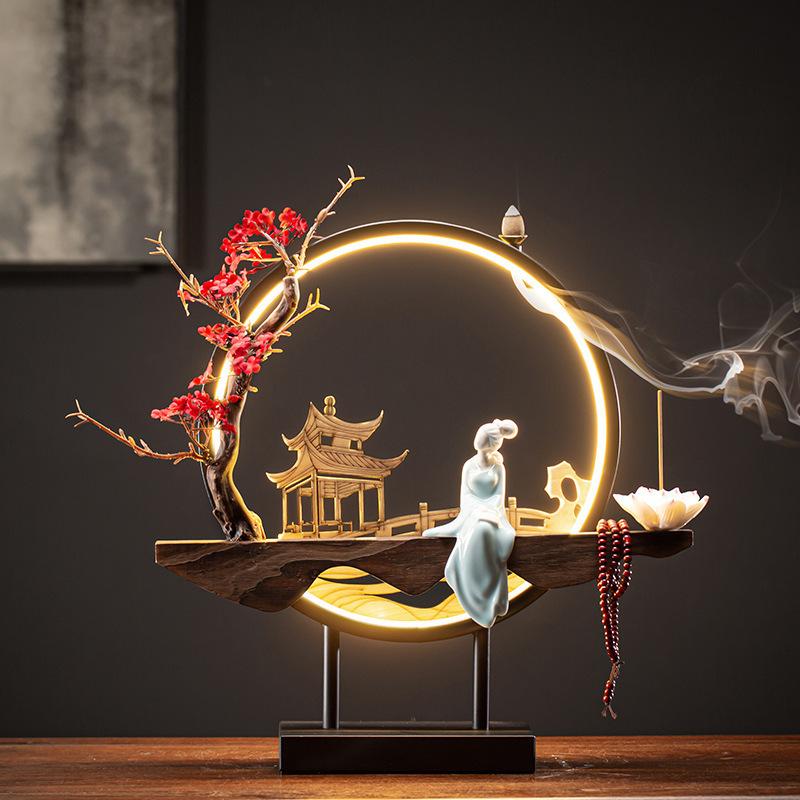 Großer chinesischer Rückfluss-Räucherbrenner mit USB-LED-Lichtring Nette Dame Keramik Heimdeko Ornamente Kiefer Zypresse