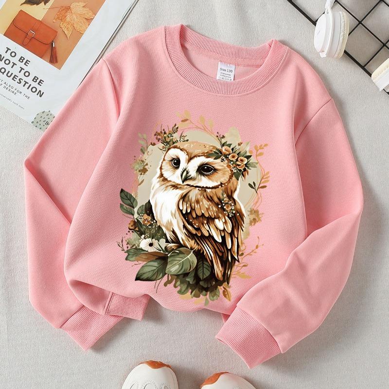 Kids Crew Neck Sweatshirt, Owl Floral Nature Art Print, Soft Cozy Pullover for Autumn & Winter