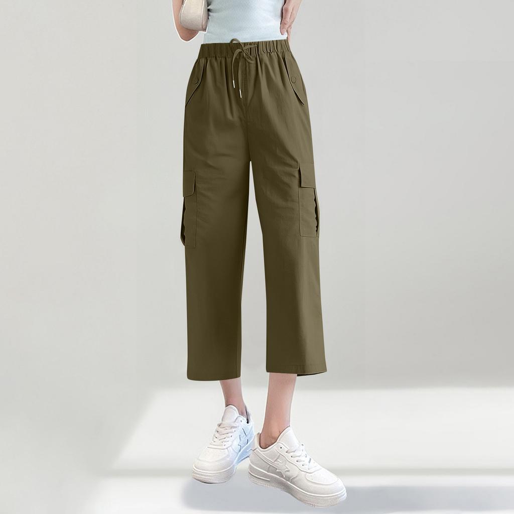 Women's Fashionable Drawstring With Flip Pocket Solid Color Captcha Pants Work Pants