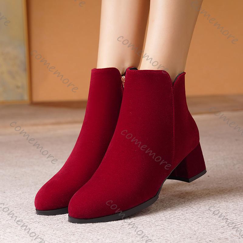 Comemore Autumn and Winter New Pointed Suede Side Zipper Ankle Boots for Women Casual Thick Middle Heel Female Botines