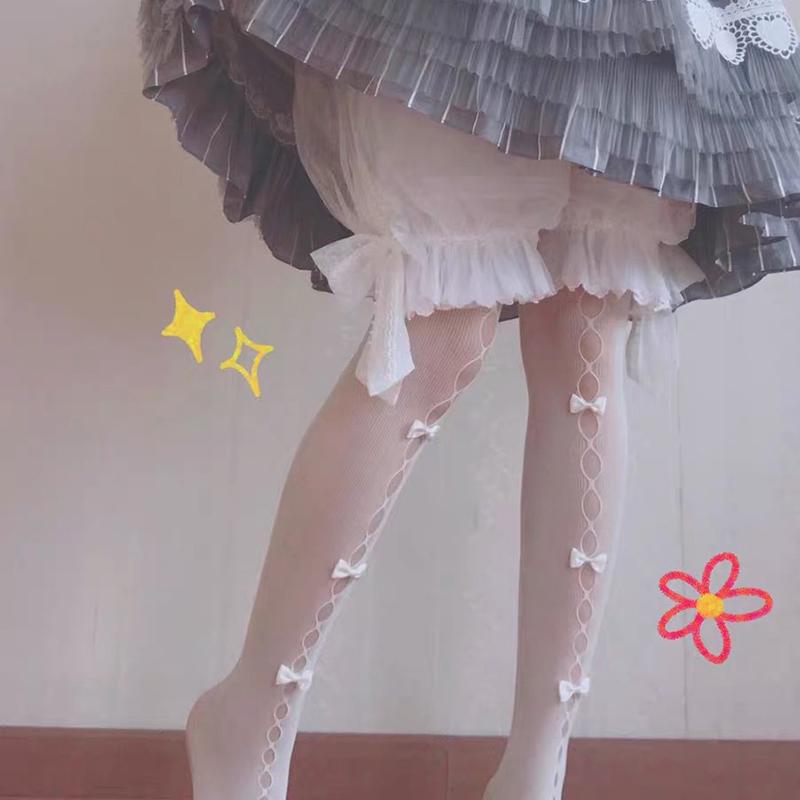Lolita Hollow Lace Pantyhose Summer Kawaii Bowknot Girls Stockings Breathable Fishnet Nylon Women Pantyhose