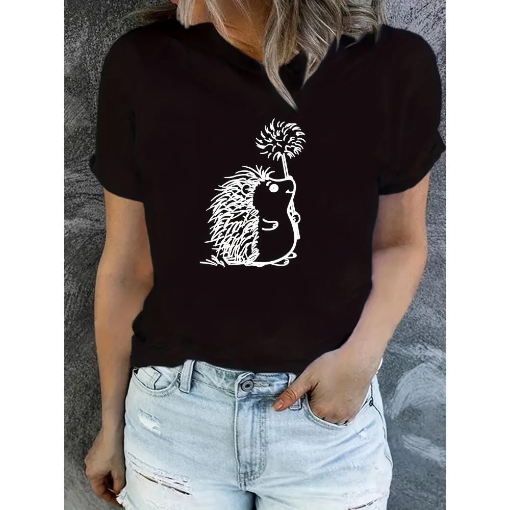 Uroczy T-shirt z nadrukiem jeża, casualowy top z krótkim rękawem i okrągłym dekoltem, odzież damska na wiosnę i lato