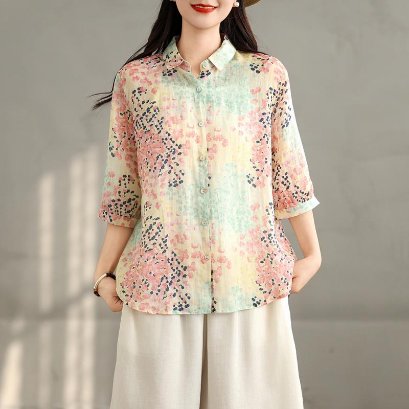 Dimanaf 2025 Women Summer Shirts Plus Size Buttons Cardigan Linen Printing Loose New Tops Tees