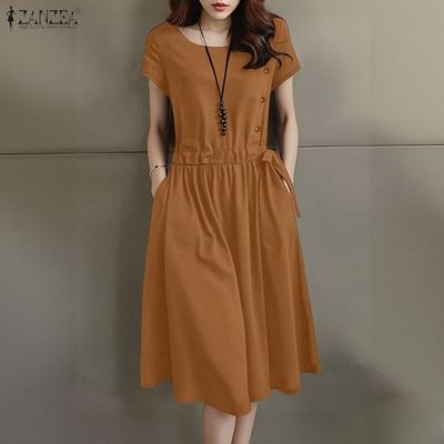 Women Casual Round Neck Short Sleeve Solid Color Loose Dress