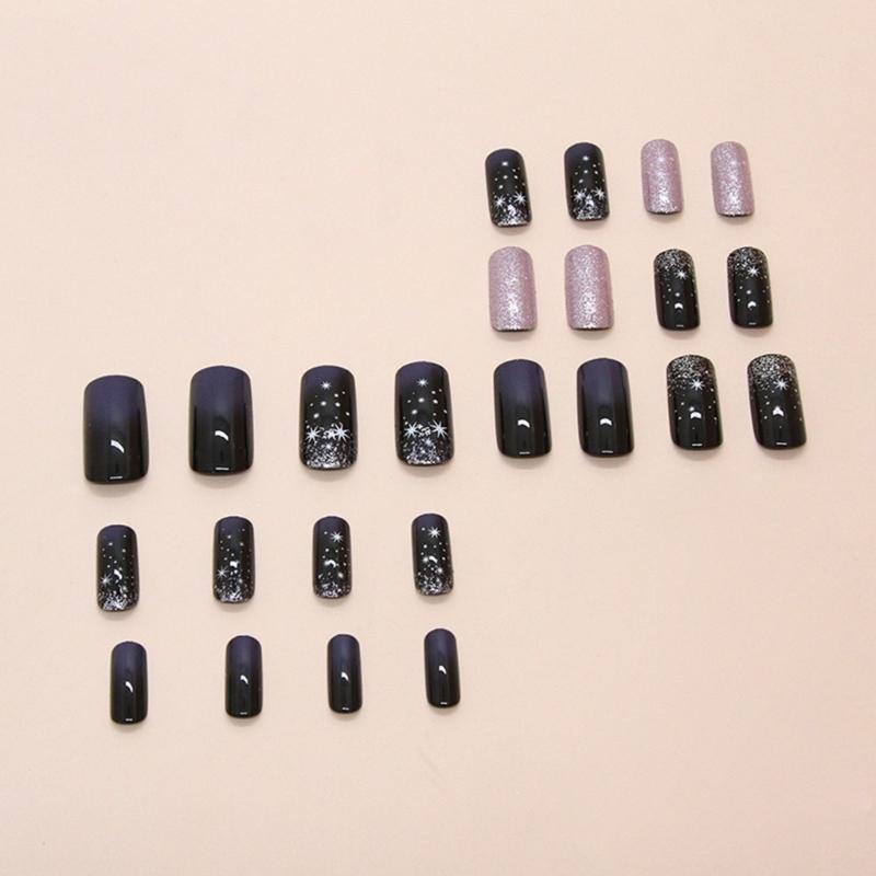 24 Stück Mittlere Quadratische Press-On Nägel Winter Blau Gradient Sternenlicht Vollabdeckung Falsche Nägel Set Nageldekorationen für Damen Mädchen