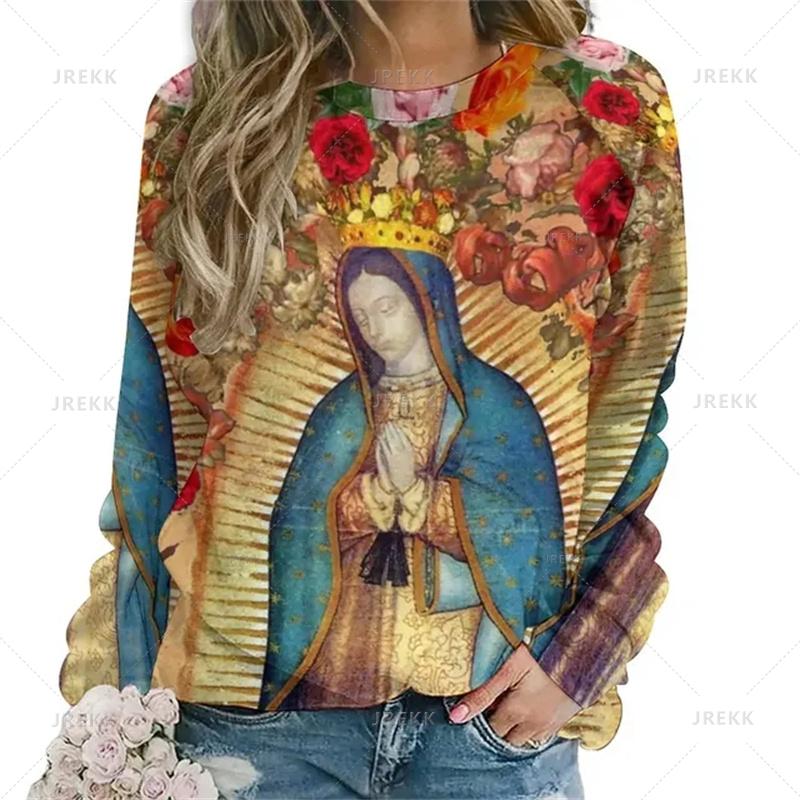 Vintage 3D tisk Německý Diego De Guadalupe Mikiny Panny Marie Pro ženy Unisex Móda Streetwear Mikiny s kulatým výstřihem Top