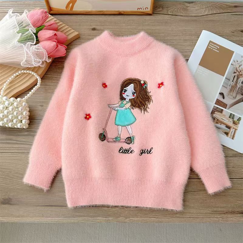 Autumn Winter Children's Sweater Pullover Girls' Round Neck Knitwear Mink Down Children's Long Sleeve Sweater