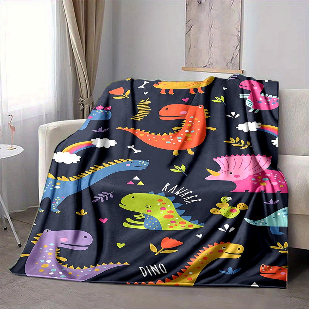 1pc Dino Rainbow Blanket, Lightweight Flannel Throw Blanket For Sofa, Bed, Travel, Camping, Living Room, Office, Couch, Chair, And Bed