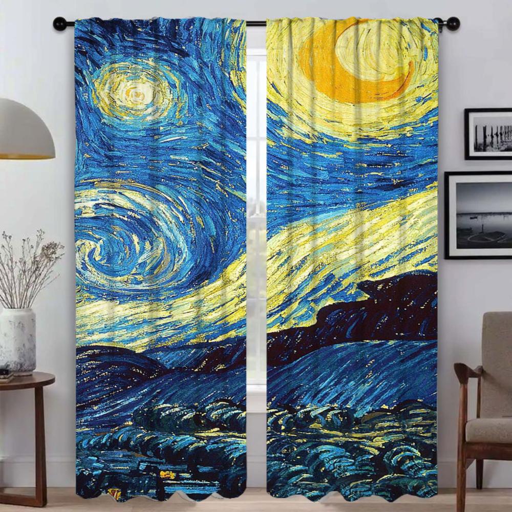 

Room Darkening Curtain Panel Van Gogh Tulle Bedroom Kitchen Curtains Halloween Decoration Home Interior Shades Polyester Washable Sleeping Area Ready W100*H130(CM)-Hooks&2PCS
