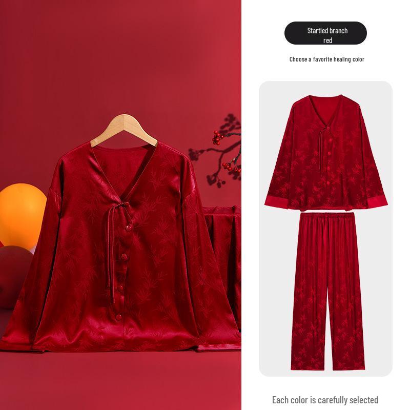 A Dreamy Occasion: Soft Ice Silk Wedding Pajamas for Women - New Chinese Style Bride Set M