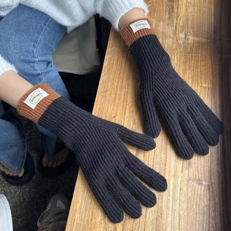 Womens Warm Knitted Full Finger Gloves Outdoor Riding Touchable Screen Colorblock Letters Label Decor Thermal Mittens