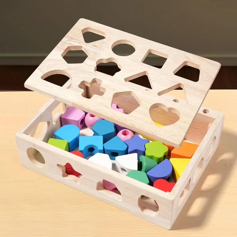5 In1 Montessori Wooden Toys Color Shape Cognition Blocks Matching Sorting Game Beaded Early Educational Toys Gift for Children