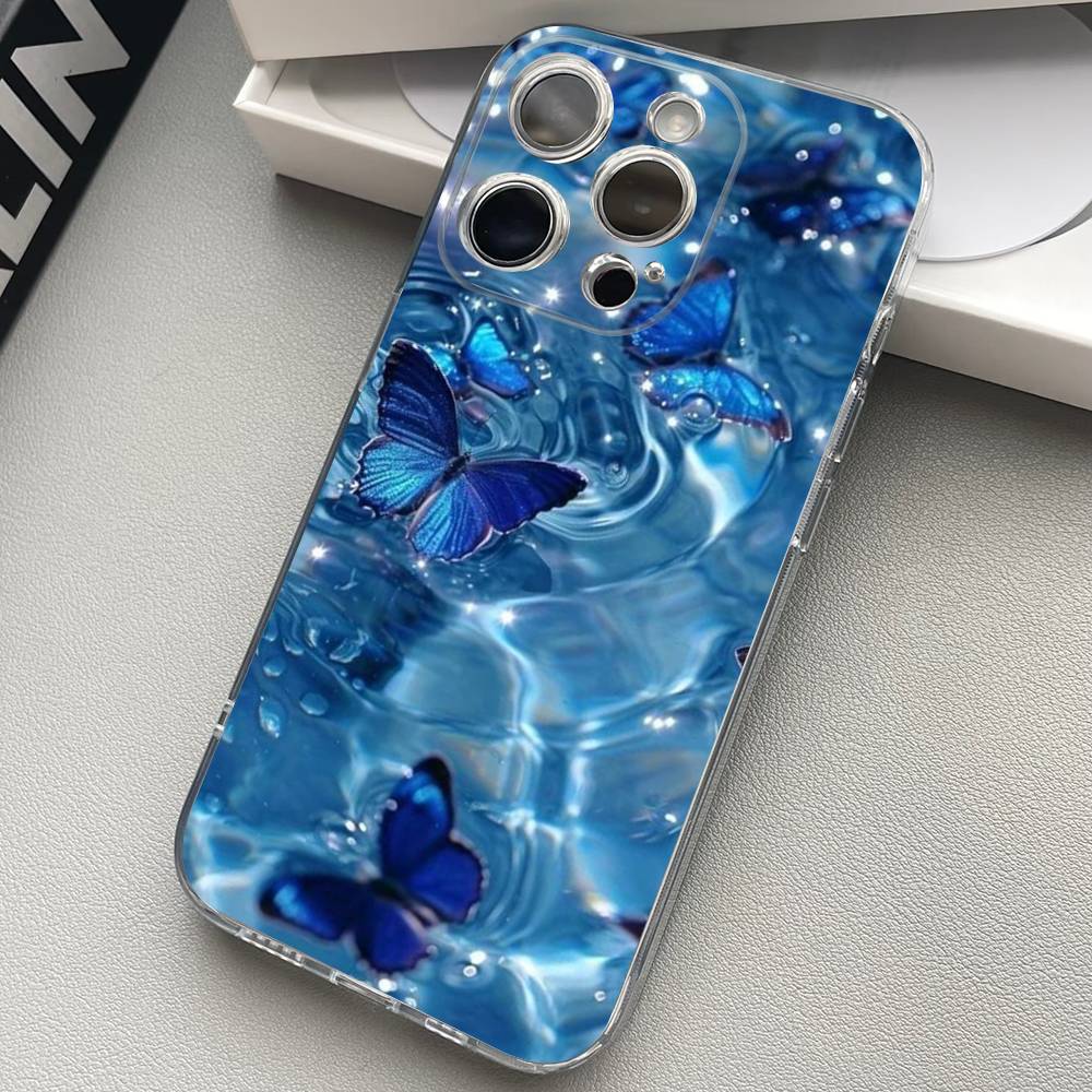 Blue Butterfly Ocean Waves Phone Case For iPhone 17 15 14 13 11 12 16 Pro Max Plus Mini Transparent Silicone Soft Funda