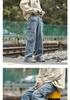 Men's Japanese Retro Workwear Denim Jeans - Multi-Pocket, Loose Fit, Straight Wide Leg, Trendy High Street Style, Blue.