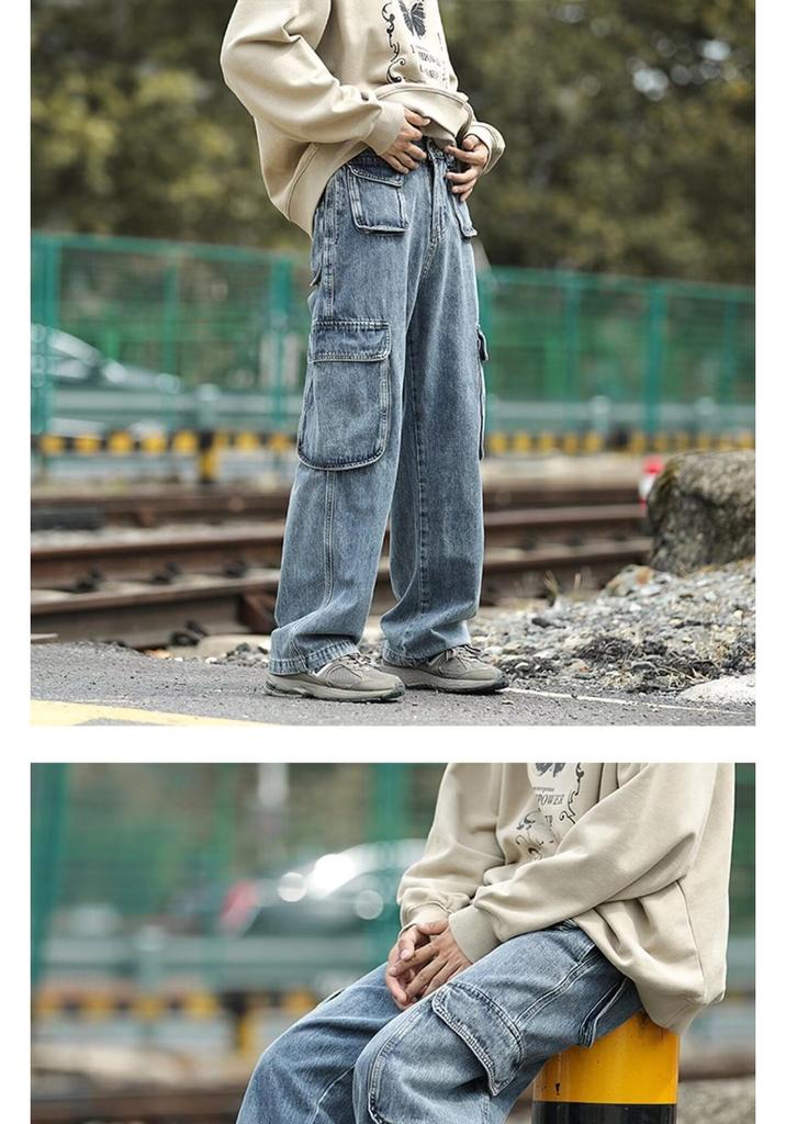 Men's Japanese Retro Workwear Denim Jeans - Multi-Pocket, Loose Fit, Straight Wide Leg, Trendy High Street Style, Blue.