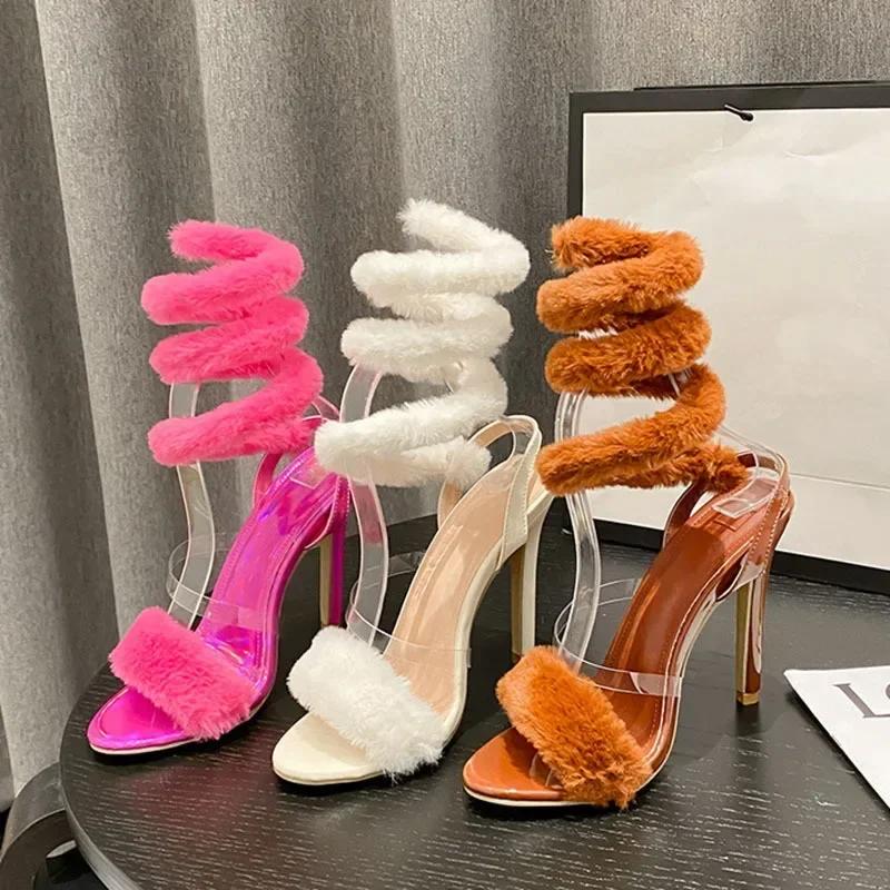 Fashion Luxury Furry Fur Decoration Serpentine Winding High Heel Sandals for Womens Sexy Peep Toe Ankle Strap Party Wedding Shoe