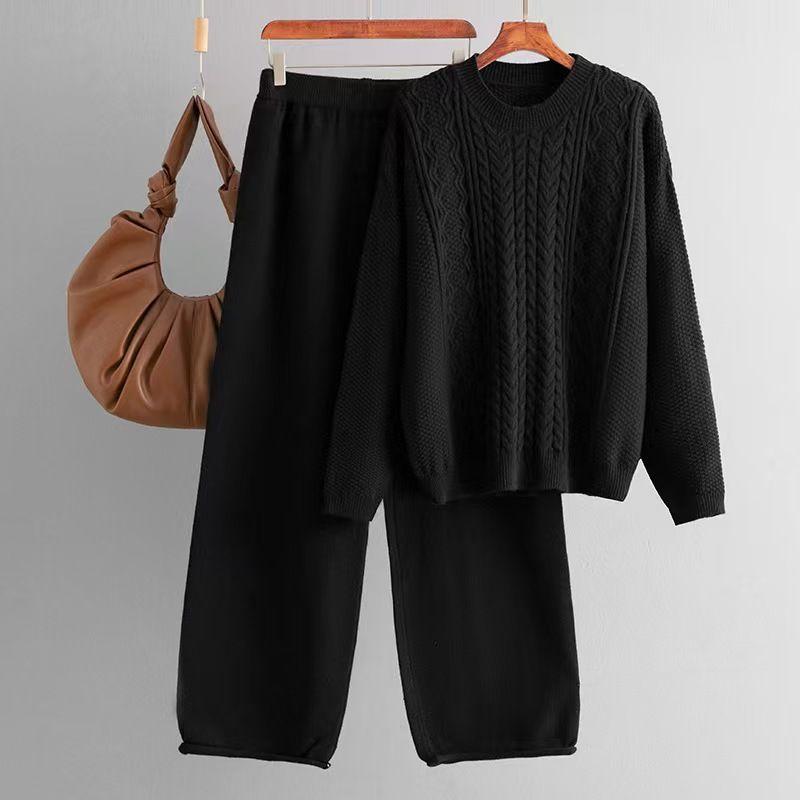 

Fashion Wind Fashion Loose Knitting Cable-Knit Sweater Pants Suit Knitted Top and Pants Set Black One size