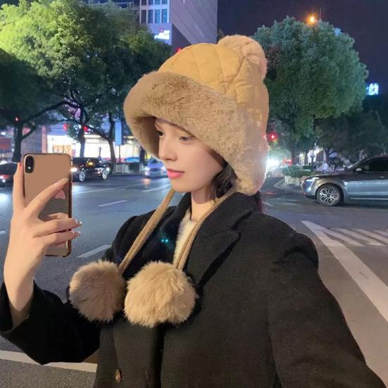 Women Quilted Hat Winter Padded Warm Hat with Cute Pom Pom Ear Protection Fuzzy Hat with Drawstring for Autumn Winter Street Daily Wear