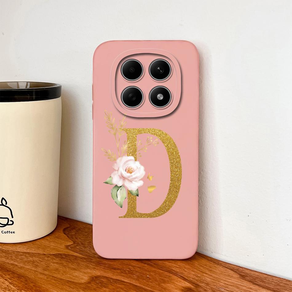 Floral Gold Letters Cover For Poco M8 Pro Phone Case Soft Smooth Liquid Silicone Anti Drop Protective High Quality Couple Bumper