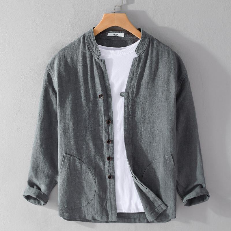 Men's Ramie Linen Stand Collar Shirt - Spring/Summer Casual, Loose Fit, National Style