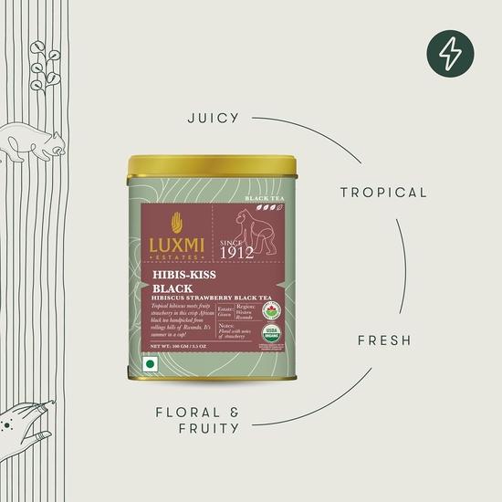 Luxmi Estates Hibis-Kiss Black Tea 100gm Tin | USDA Certified Organic Hibiscus Strawberry Black Tea | Lemongrass, Spearmint