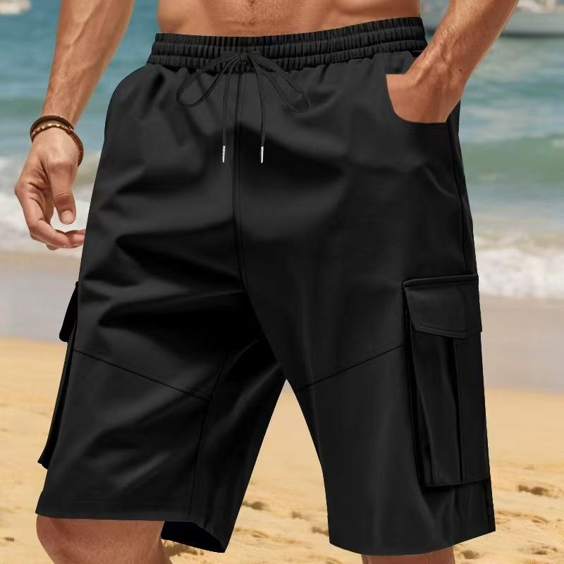 Summer Loose Men's Safari Style Shorts Multi Pockets Casual Loose Fit Straight Elastic Waist Beach Shorts