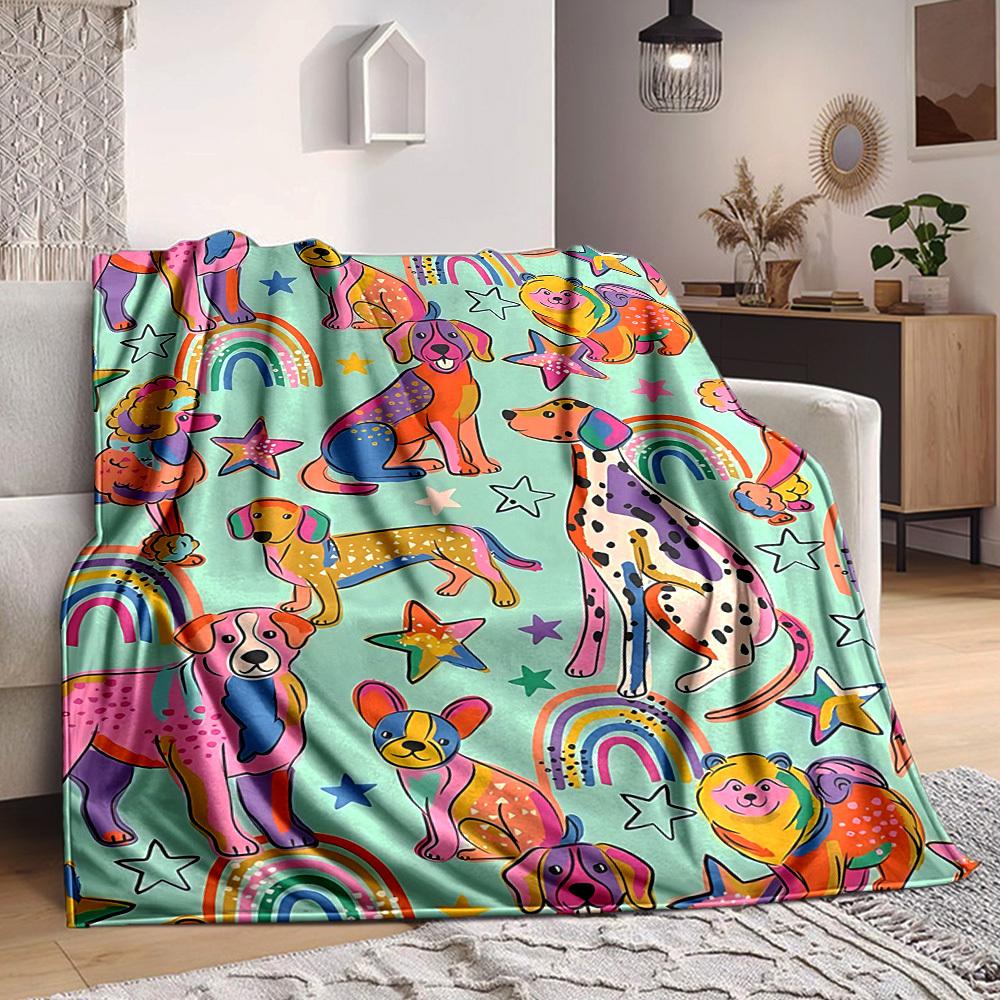 1pc Dogs Rainbows Print Blanket Lightweight Flannel Throw Blanket For Sofa, Bed, Living Room, Office, Outdoor Travel, Camping