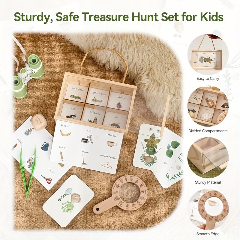Outdoor Kids Explorer Kit Wooden Binoculars Treasure Storage Box Nature Stem Learning Camping Toy Birthday Gift For Boys Girls