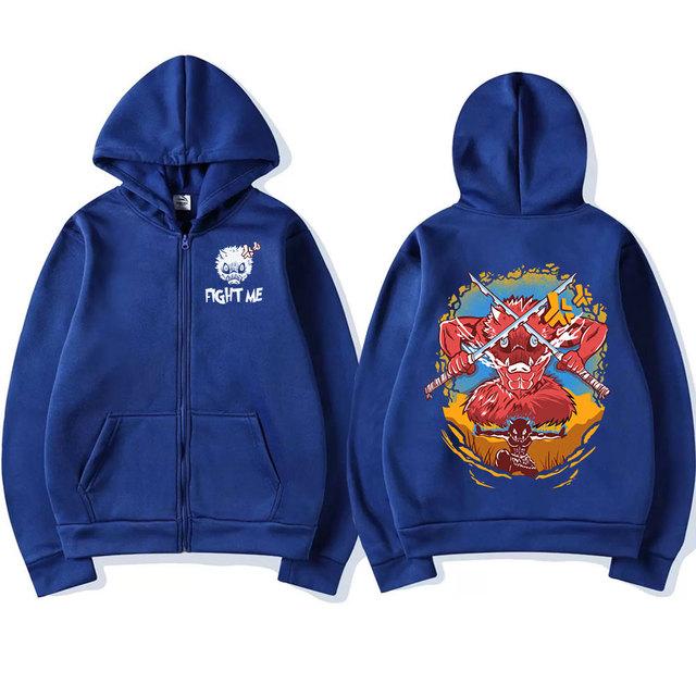 Anime Demon Slayer Zipper Hoodies Kimetsu No Yaiba Funny Boar Head Inosuke Zip Up Hooded Sweatshirts Long Sleeves Hoodies Mens Coats Jackets