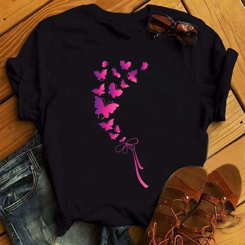 Women Flower Butterfly Fashion Print T Shirt Casual Short Sleeve Ladies T Tee Female Top Shirt Clothes Womens Graphic T-shirt