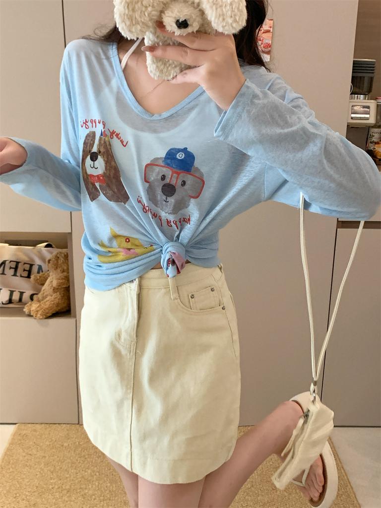 Summer Funny Cartoon Long Sleeve T-shirts Women's Casual Loose Thin Slightly Transparent Sun Protection Cover Tops White T Shirt