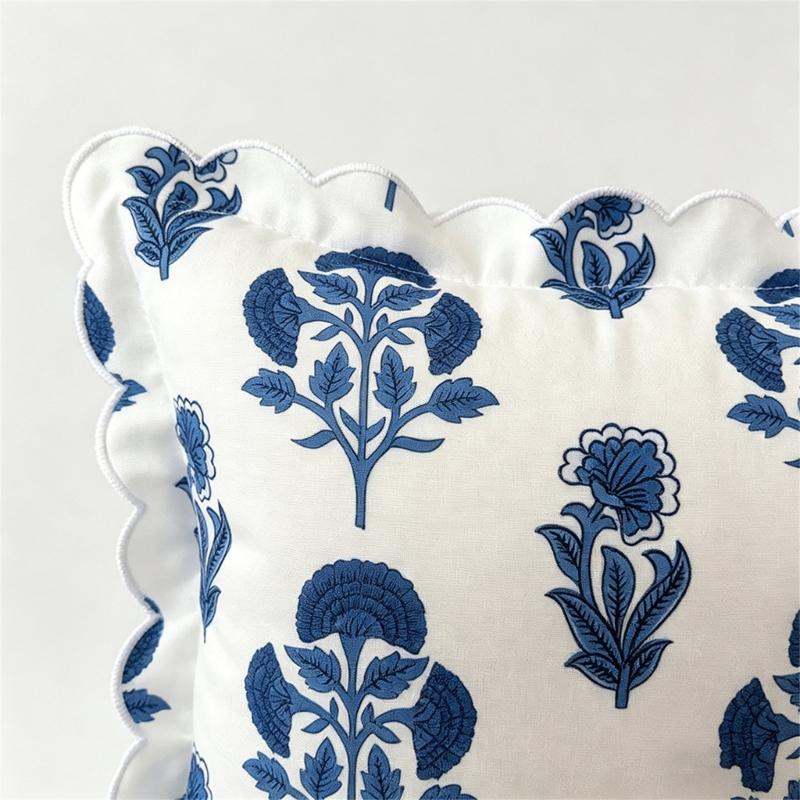 Blue White Flower Print Square Cushion Cover Craft Of Polyester With Ruffled Edges Design