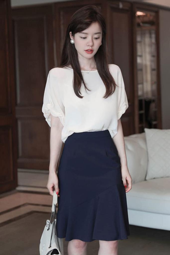 Bluse Sommer Rundhals Oberteil Kurzarm Hemd Chiffon Uni Pullover Jacke Lockerer Schnitt Stilvoll Feminin Sauber Erwachsen Lässig OL Pendeln [H. zroy]