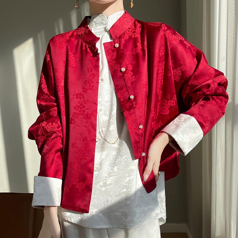 Women's Retro Satin Mandarin Collar Cardigan - Loose Fit, Light National Style Tang Jacket