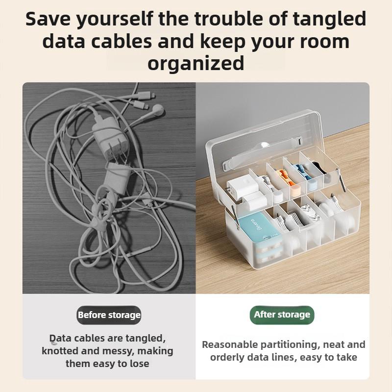 Lidded Cable Organizer Box-Compartmentalized Desktop Cord Manager for Charging Cables & Headphones, Dustproof Drawer Storage Box