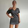 European and American Temperament Chain, Sexy Spice Girl Backless Pleated Hip-wrapped Short-sleeved Dress, Slim-fitting Solid-color Skirt