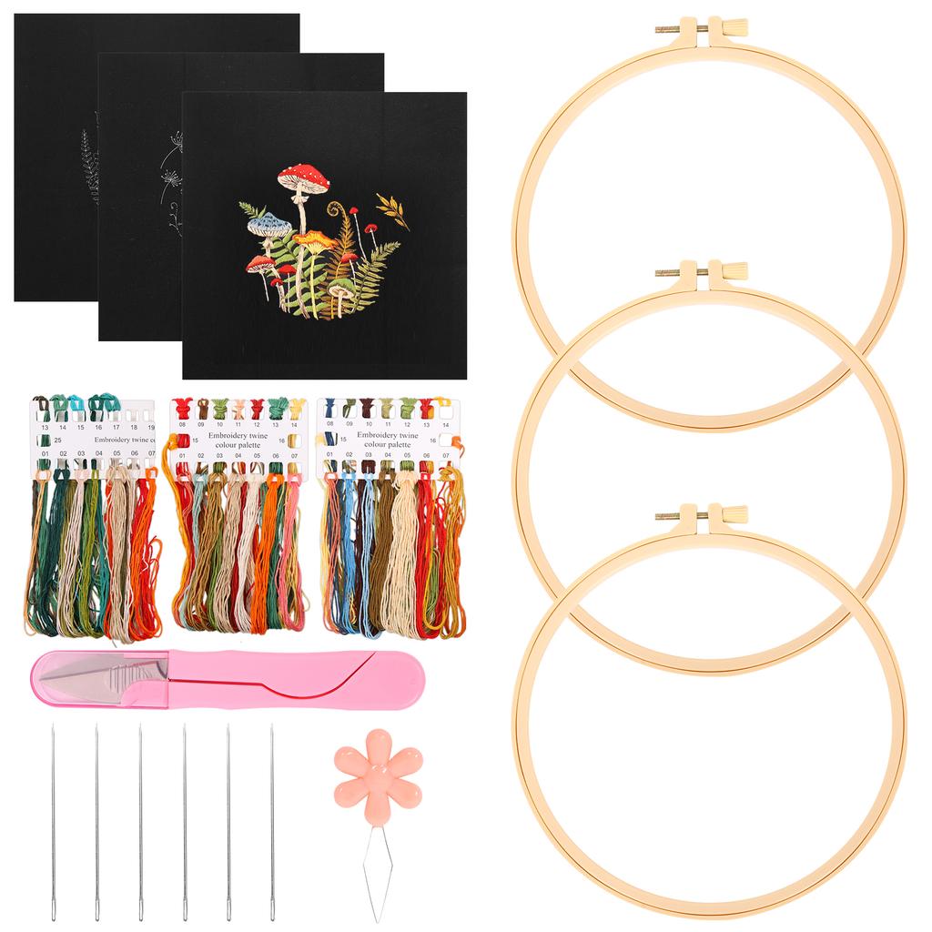 Mushroom Embroidery Kit 3 Cloth and Hoop Embroidery Kit with Pattern for Beginner Adult for DIY Handcraft Enthusiast