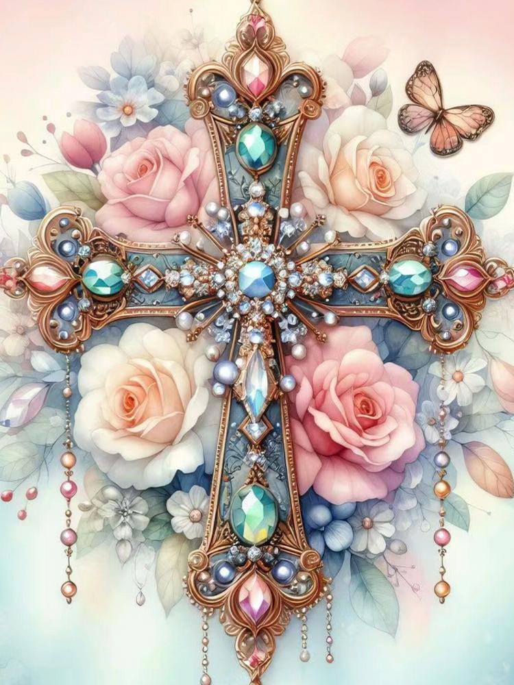 5DDIY Diamond Painting Colorful Cross Butterfly Jewelry Cross Embroidery Set  with Diamond Embroidery Flower Home Decoration