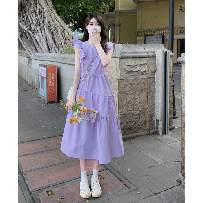 Design Sense Small Flying Sleeve Dress Summer Women's Chic Beautiful Seaside Vacation French Waist Reducing Age Medium and Long Skirt
