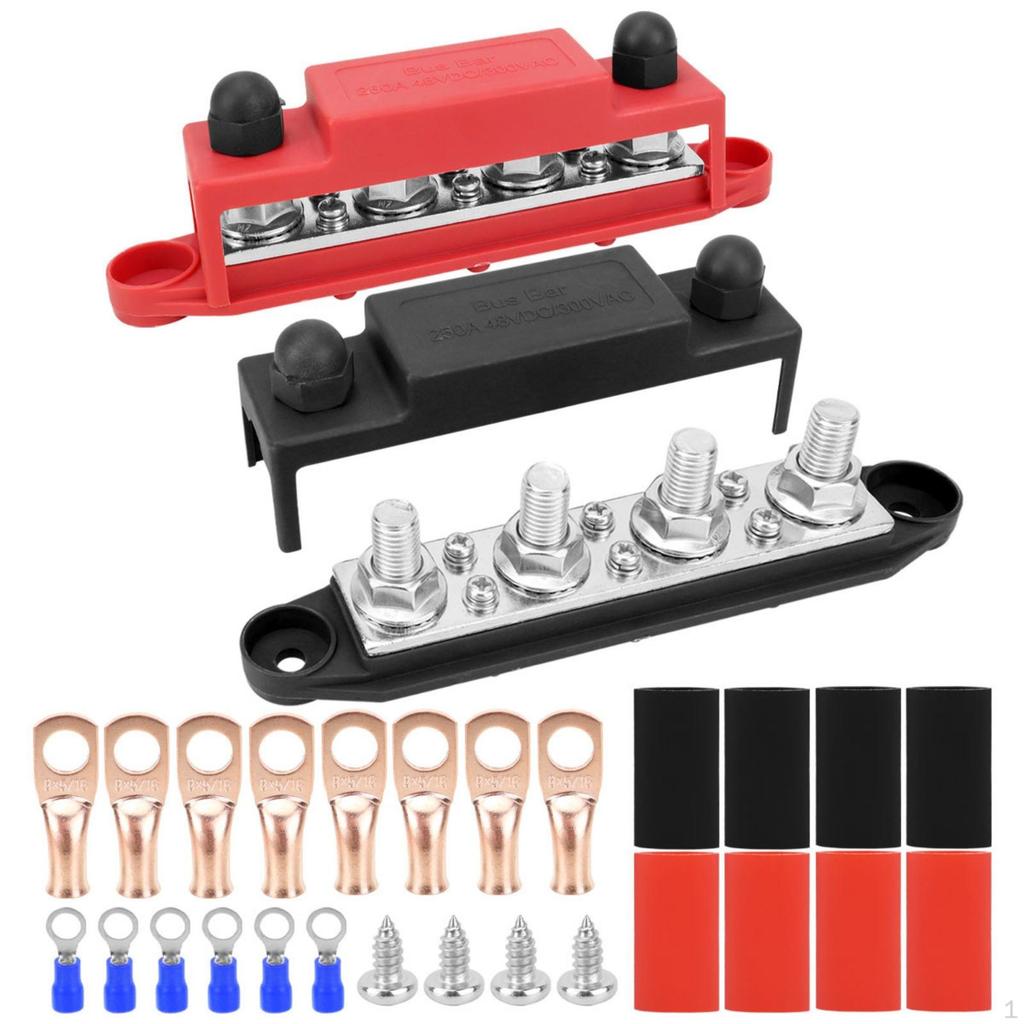 2 Pieces 4Way Bus Bar 48V DC 250A Positive and Negative 4 Terminal Post Junction Block for