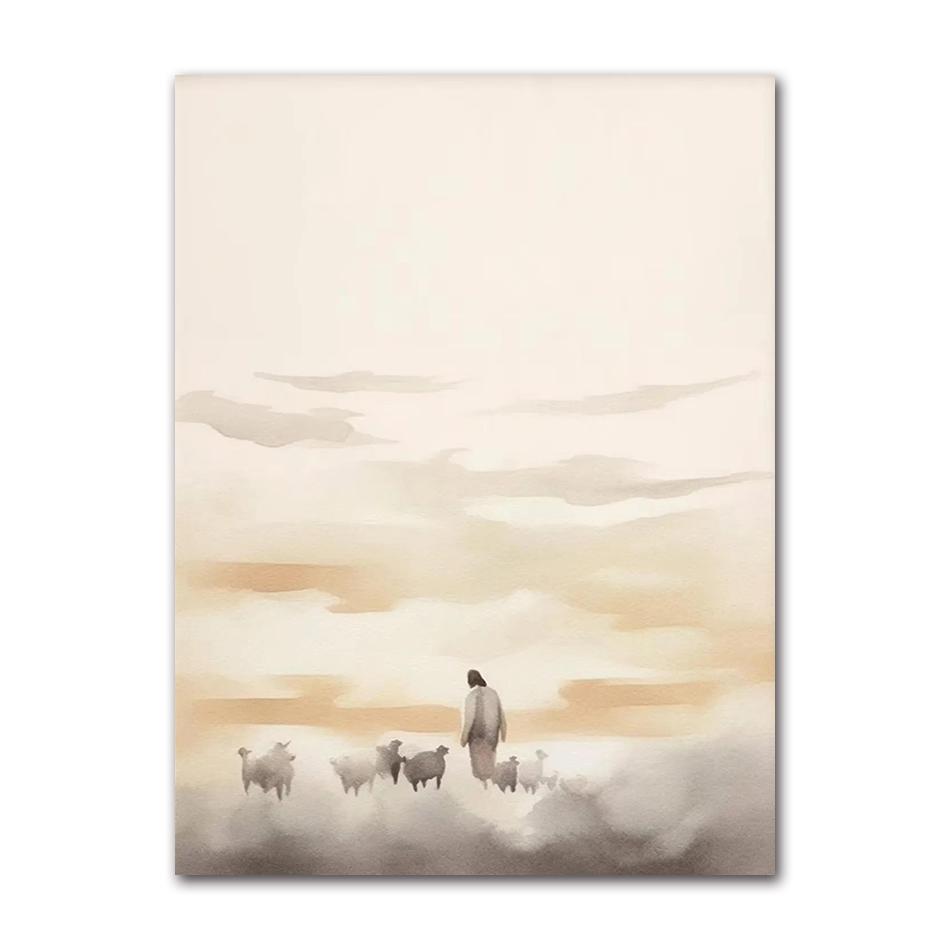 Sheep Kids Back Shadow Poster Print Canvas Printing Wall Art Picture for Living Room Nursery De Watercolor Christianity Jesus