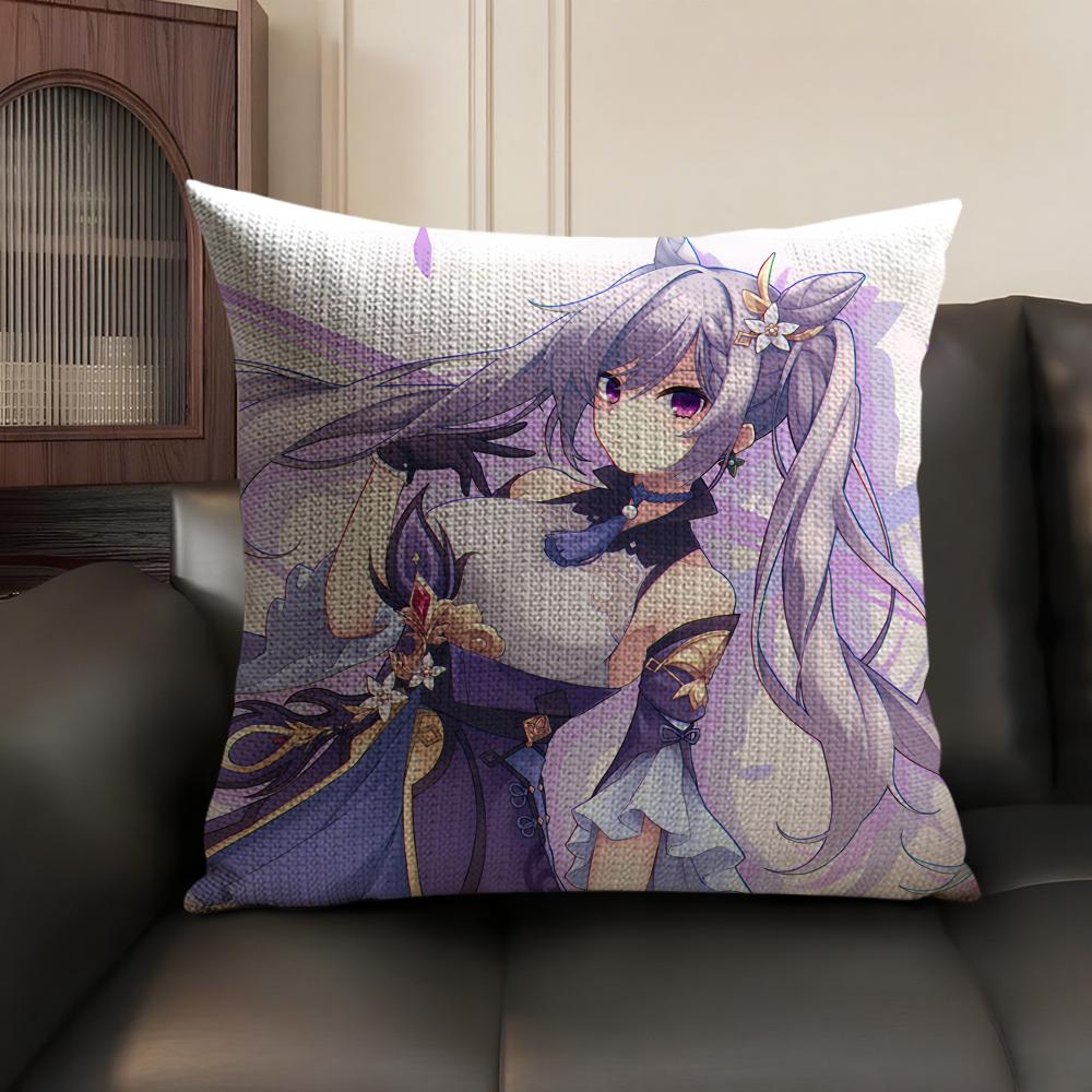 Keqing Genshin Impact Cushion Cover Natural Linen Organic Fabric Double-Sided Printing Sofa Home Decor Gift Pillow Case